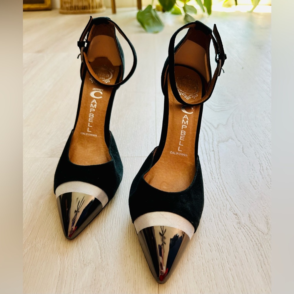 Jeffrey Campbell Women’s Koons Black Suede & Silver Cap Toe Pumps. Size 6